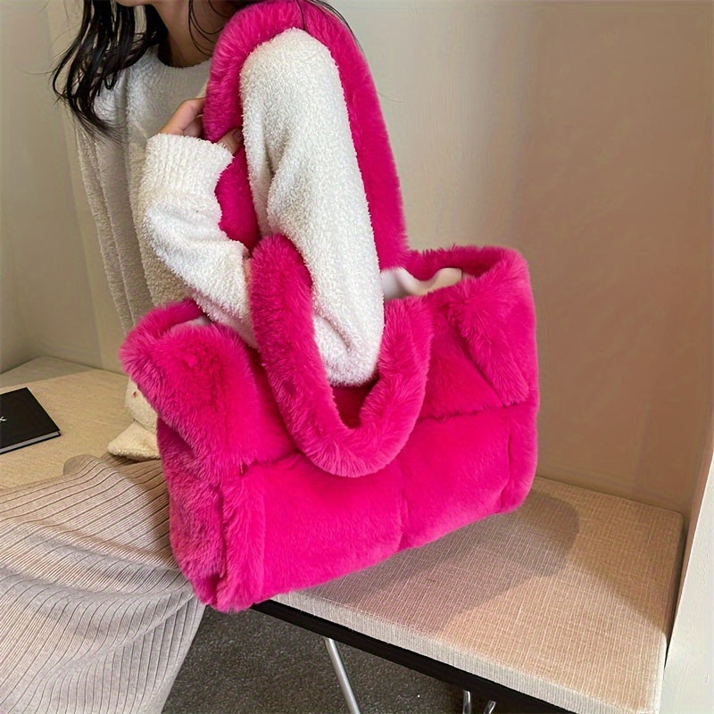 Chic Faux Fur Shoulder Bag for Women - Spacious & Versatile, Magnetic Closure, Faux Leather Lined - Available in Pink, Deep Brown, White, Black